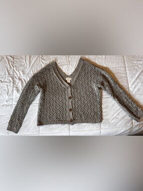 Crochet Knit Button-Front Cardigan - Sage Green